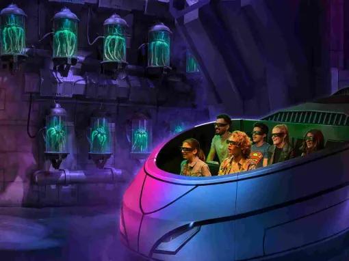 Guests enjoying the high-speed action of Justice League: Warworld Attacks at Warner Bros. World Abu Dhabi