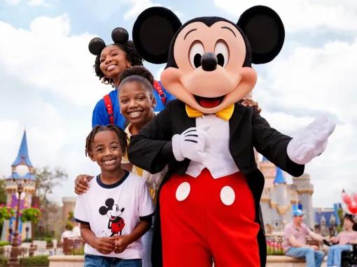 Guests with Mickey Mouse at Magic Kingdom in Florida