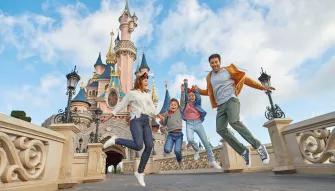 Family in front of Sleeping Beauty Castle at Disneyland Paris