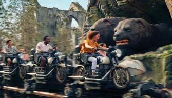 Guests riding Hagrid's Magical Creatures Motorbike Adventure at Universal's Islands of Adventure