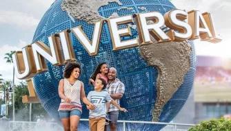 Family in front of the Universal Globe at Universal Orlando Resort