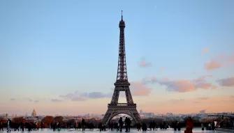 The Eiffel Tower View of the Eiffel Tower from Trocadero Square with a pink and blue sky