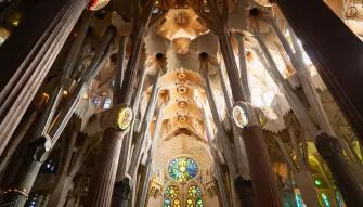 Inside the Sagrada Familia The inside of the Sagrada Familia, looking at a stained-glass window