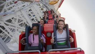Guests on Incredicoaster at Disney California Adventure Park