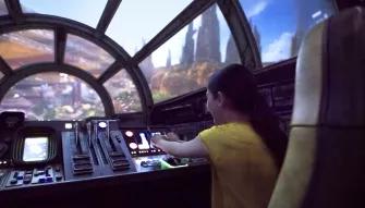 Boy in the Milennium Falcon Cockpit, Star Wars: Galaxy’s Edge in Disneyland Park in California