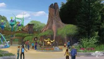 Concept art of people meeting Shrek outside of his cottage which is shaped like a tree stump