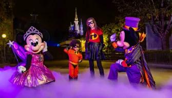 Guests with Mickey and Minnie at Mickey's Not-So-Scary Halloween Party
