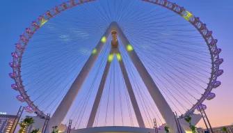 View looking up at Ain Dubai, the towering observation wheel against the sky