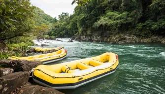 Barron River Rafting Empty rafts lined up on the Barron River ready for white water rafting adventure