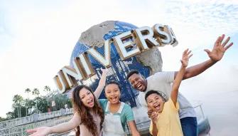 Family in front of the Universal Globe, Universal Orlando Resort