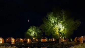 Luxury desert camp domes under a starry night sky with illuminated trees and crescent moon