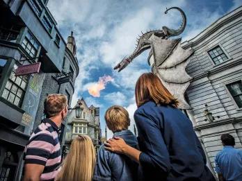 Family exploring Diagon Alley at Universal Studios Florida