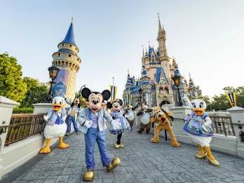 Disney characters in front of cinderella castle at Magic Kingdom