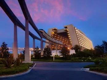The monorail leaving the Contemporary Resort in the early evening