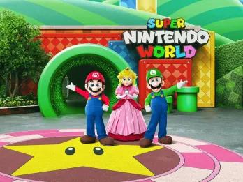 Super Nintendo World at Universal Studios Hollywood An artist rendering of Mario, Luigi and Princess Peach standing in front of the entrance to Super Nintendo World at Universal Studios Hollywood