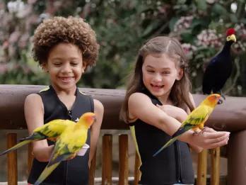Two children in wetsuits holding multicoloured birds on their outstretched hands