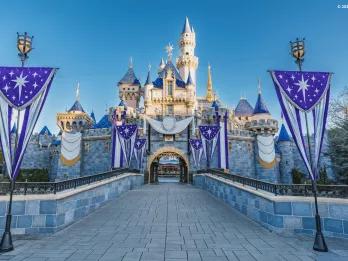 A pink and blue castle decorated with silver and blue banners and pendants