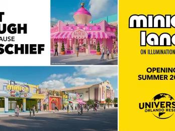 A collage of images of concept art including a street of restaurants and a bakery with a giant pink cupcake on top. The text reds "Eat, laugh and cause mischief. Minion Land opening Summer 2023"