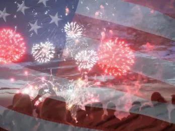 Fourth of July People watching fireworks covered by a faded image of an American flag