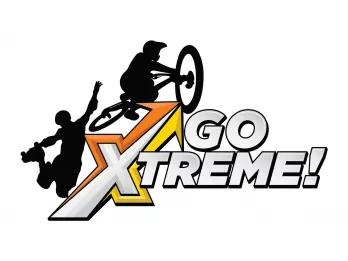 Go Xtreme written in large grey lettering next to an outline of stunt performers on a bike and skates