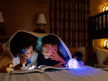 Two young boys laying in bed reading a book with a torch