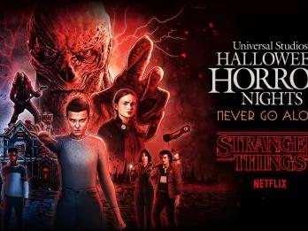 A pencil drawing of Stranger Things characters next to the Stranger Things and Halloween Horror Nights logos