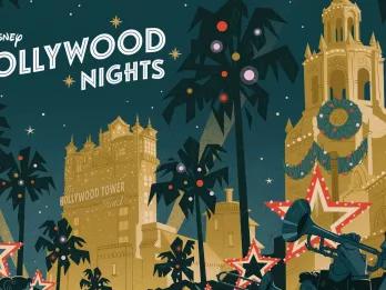 Concept art of people playing trumpets lined up in front of Tower of Terror at Hollywood Studios