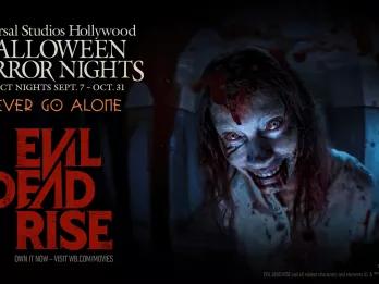 A creepy, blood-covered woman staring at the camera next to the Evil Dead Rise and Halloween Horror Nights logos