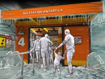 Artists impression of people queuing for Penguin Trek going into an orange sea station covered in ice