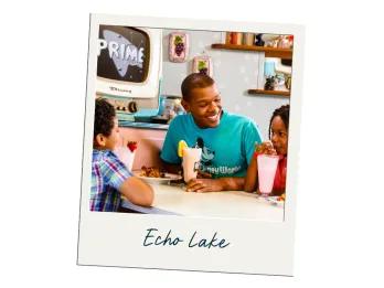Echo Lake A polaroid labelled Echo Lake with a picture of a family drinking milkshakes at a table inside