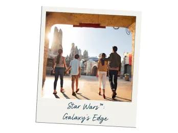 A polaroid labelled Star Wars: Galaxy's Edge with a picture of a family walking into Galaxy's Edge inside it
