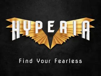 Hyperia HYPERIA written in front of golden wings above the tagline 'Find Your Fearless'