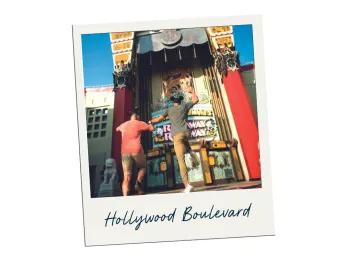 Hollywood Boulevard A polaroid labelled Hollywood Boulevard with a picture of two men jumping in front of a replica of the Chinese Theater inside
