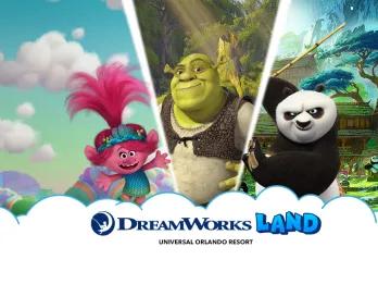 A banner featuring Shrek, Poppy from Trolls and Po from Kung Fu Panda above the words DreamWorks Land