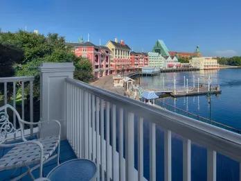Looking out from a balcony onto a Boardwalk-style hotel on a waterfront