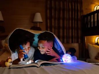 Two young boys reading a book using a torch while lying under the covers on a bed