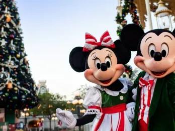 Micky und Minnie in Weihnachtsgarderobe vor einem Tannenbaum im Walt Disney World Resort