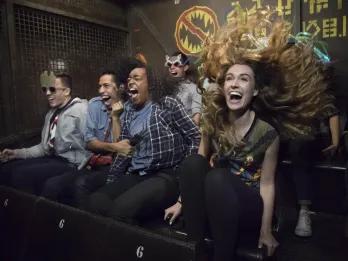 Guests on Guardians of the Galaxy in Mission: BREAKOUT! at Disneyland California