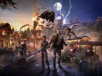 Concept art of Frankenstein's Monster, Dracula, The Wolf Man and a monster hunter in Dark Universe