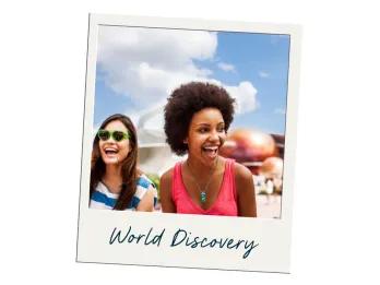 World Discovery Polaroid image of two women stood in front of a space themed building. Both women are laughing looking different directions off camera.