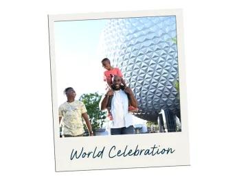 World Celebration Polaroid image of dad with small son sat on his shoulders and older son stood next to them smiling whilst looking up. The building behind them is a white circular building which resembles a giant golf ball.