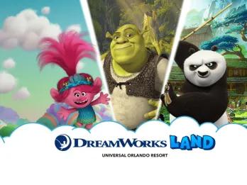 Trolls, Shrek and Kung Fu Panda above the logo for DreamWorks Land at Universal Orlando Resort