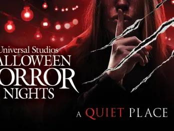 A Quiet Place at Halloween Horror Nights A girl standing with her finger over her lips behind claw marks, next to the words Universal Studios Halloween Horror Nights