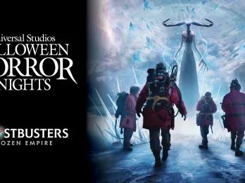 Ghostbusters Frozen Empire Concept art of four people in coats walking towards a tall ghostly figure