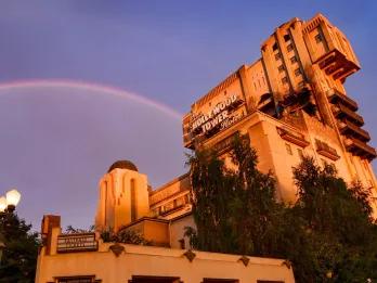 Looking up at Tower of Terror with a rainbow in the background