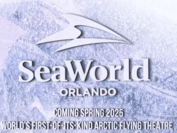 SeaWorld Orlando Arctic Flying Theatre Icy background with snow flowing. There is the SeaWorld Orlando logo which is white and has a dolphin fin inside a larger orca fin. Under it says "Coming spring 2025 - world's first-of-its-kind arctic flying theatre"