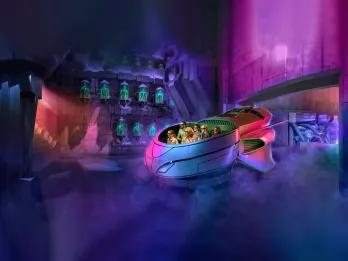 Justice League: Warworld Attacks Two rows of guests sat in ride vehicle shaped like futuristic car in a dark building. They're wearing 3D goggles and in the background the wall has many test tubes lined up with green substances in them.