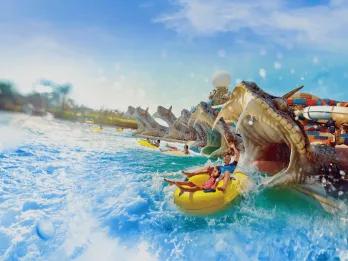 Yas Waterworld  There are 6 slides ending up in a pool which end with people zooming out of an open snake's mouth statue. Everyone is sat in either a single or a double rubber ring.