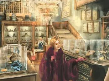 Concept art of a woman in a cloak and turban in a wand shop