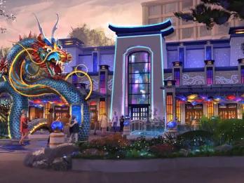 Concept art of the Blue Dragon Pan-Asian Restaurant with a large glowing dragon outside